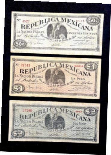  アンティークコイン コイン 金貨 銀貨  1914 Mexico Banknotes 50c $1 $2 Pesos Division Bravo Revolutionary Monterrey Lot