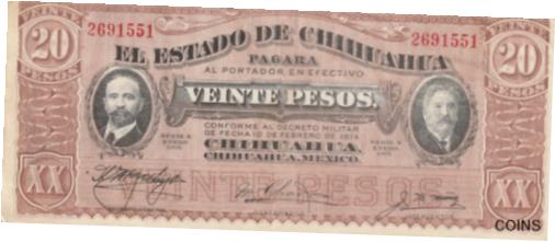 楽天金銀プラチナ　ワールドリソース【極美品/品質保証書付】 アンティークコイン コイン 金貨 銀貨 [送料無料] Mexico 1914 20 Pesos Circulated Banknote Pick S537b Bargain Bin
