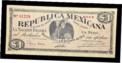  アンティークコイン コイン 金貨 銀貨  Mexico 1914 Banknotes $1 Peso Division Bravo Monterrey Revolutionary Paper Money