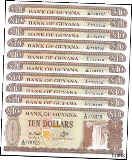 【極美品/品質保証書付】 アンティークコイン 硬貨 Guyana 10 Dollars, 1966-1992 ND, P-23f, UNC X 10 PCS [送料無料] #oof-wr-013366-1299