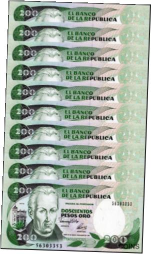 【極美品/品質保証書付】 アンティークコイン コイン 金貨 銀貨 [送料無料] Colombia 200 Pesos, 1992, P-429A, UNC X 10 PCS