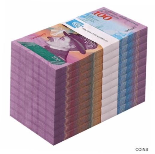 【極美品/品質保証書付】 アンティークコイン コイン 金貨 銀貨 [送料無料] Venezuela 100 Bolivar Soberano, 2018, P-106a.1, UNC X 1000 PCS Brick