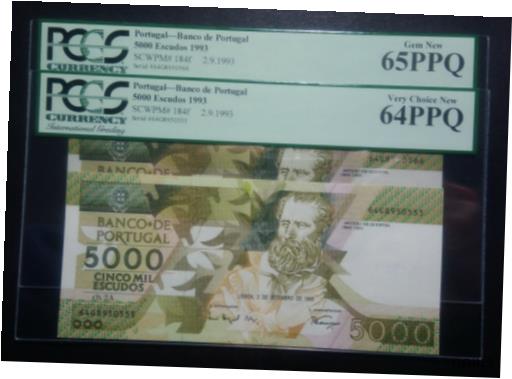 【極美品/品質保証書付】 アンティークコイン コイン 金貨 銀貨 送料無料 Portugal 2 Following Numbers 5000 Escudos 2.9.1993 P.184f PCGS64 PCGS65 PPQ