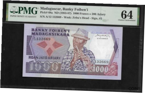 ڶ/ʼݾڽա ƥ    [̵] Madagascar 1000 Francs = 200 Ariary 1983 PMG 64 UNC P # 68a PMG Population 1/5