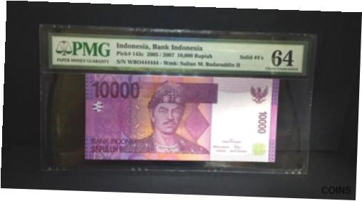 2005 インドネシア、インドネシア銀行 10,000 ルピア P-143c ソリッド "444444" PMG 64 2005 Indonesia, Bank Indonesia 10,000 Rupiah P-143c Solid "444444" PMG 64