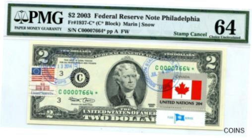 【極美品/品質保証書付】 アンティークコイン 硬貨 $2 2003 STAR STAMP CANCEL FLAG OF UN FROM CANADA LUCKY MONEY $27,664 [送料無料..