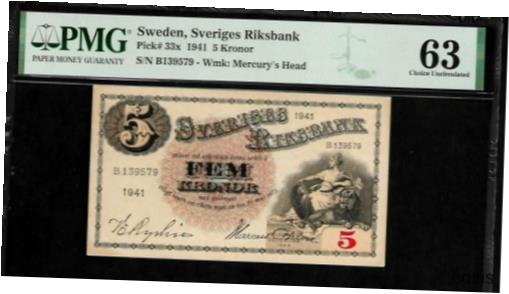 ڶ/ʼݾڽա ƥ Ų Sweden 5 Kronor 1941 PMG 63 UNC Pick # 33x PMG Population 1/1 [̵] #oof-wr-013380-1480