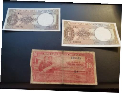 ڶ/ʼݾڽա ƥ    [̵] VintageTwo 1 MOT DONG 1964 and one 10 Muoi Dong 1955 Vietnam Note Currency ~