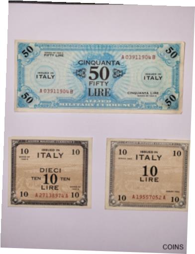 楽天金銀プラチナ　ワールドリソース【極美品/品質保証書付】 アンティークコイン コイン 金貨 銀貨 [送料無料] 50 Lire 1943A, one 10 Lire 1943 A, one 10 Lire 1943 AMC Banknotes
