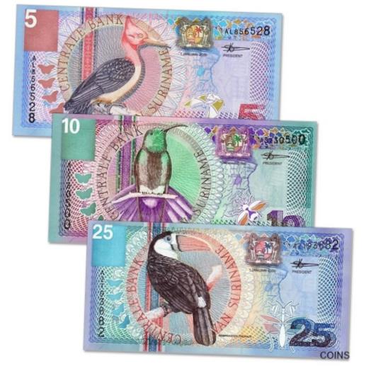 ڶ/ʼݾڽա ƥ    [̵] Suriname 2000 Year 5+10+25 Dong BrandNew Banknotes Set 3PCS