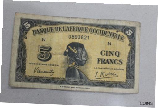  アンティークコイン コイン 金貨 銀貨  1942 French Banque De L’Afrique Occidentale 5 Franc Note French West Africa