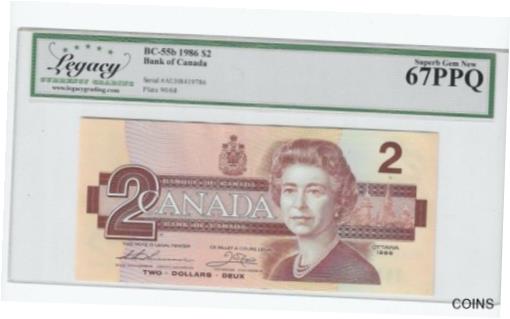 【極美品/品質保証書付】 アンティークコイン 硬貨 1986 Canada $2 Note BC-55b Thi/Cro Ser# AUH 8419786 LEGACY MS-67 PPQ [送料無料] #oof-wr-013384-218