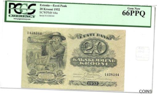 【極美品/品質保証書付】 アンティークコイン コイン 金貨 銀貨 [送料無料] Estonia 1932 20 Krooni P64a PCGS 66 PPQ Gem New