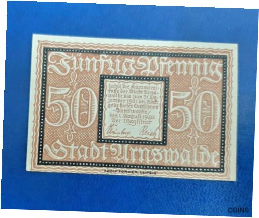 【極美品/品質保証書付】 アンティークコイン 硬貨 ARNSWALDE NOTGELD 50 PFFENIG 1920 EMERGENCY MONEY GERMANY BANKNOTE (15633) [送料無料] #oof-wr-013394-1437