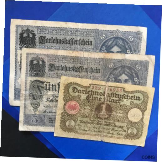  アンティークコイン コイン 金貨 銀貨  (3/LOT) GERMANY 1 and 5 MARK (Paper Banknotes 1917/20) Conserved, circulated