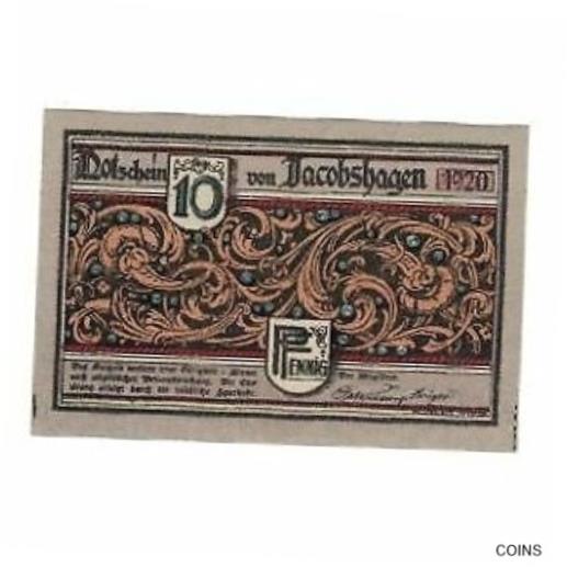 アンティークコイン コイン 金貨 銀貨   Banknote, Germany, Jacobshagen Stadt, 10 Pfennig, personnage, 1920, AU