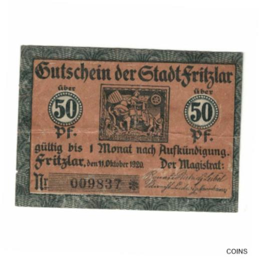  アンティークコイン コイン 金貨 銀貨   Banknote, Germany, Fritzlar Stadt, 50 Pfennig, Batiment, 1920, 1920-10