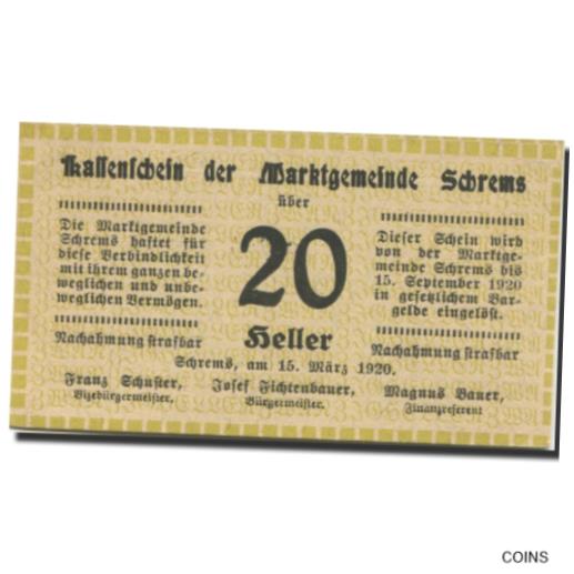 【極美品/品質保証書付】 アンティークコイン コイン 金貨 銀貨 [送料無料] [#281636] Banknote, Austria, Schrems, 20 Heller face value 1920, UNC Mehl:FS