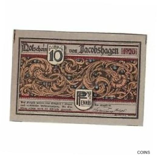  アンティークコイン コイン 金貨 銀貨   Banknote, Germany, Jacobshagen Stadt, 10 Pfennig, Batiment, 1920, AU(5