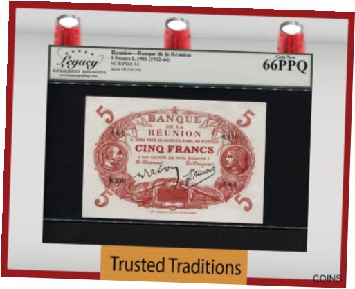 ڶ/ʼݾڽա ƥ    [̵] TT PK 14 1901 (1912-44) REUNION 5 FRANCS LCG 66 PPQ GEM NEW TIED AS BEST