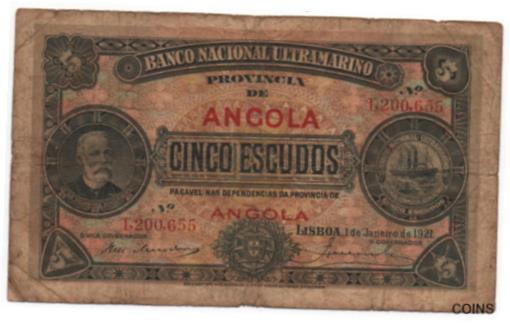 ڶ/ʼݾڽա ƥ    [̵] PORTUGUESE ANGOLA PORTUGAL 5 ESCUDOS 1921 PICK 57 LOOK SCANS