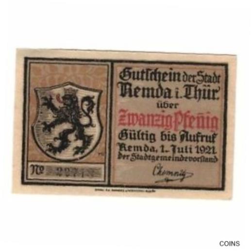 【極美品/品質保証書付】 アンティークコイン コイン 金貨 銀貨 [送料無料] [#322038] Banknote, Germany, Remda Stadt, 20 Pfennig, Batiment, 1921, 1921-07-01