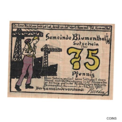  アンティークコイン コイン 金貨 銀貨   Banknote, Germany, Blumenthal Gemeinde, 75 Pfennig, personnage, 1921