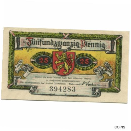  アンティークコイン コイン 金貨 銀貨   Banknote, Germany, Altenkirchen Kreis, 25 Pfennig, Batiment, 1921, AU(