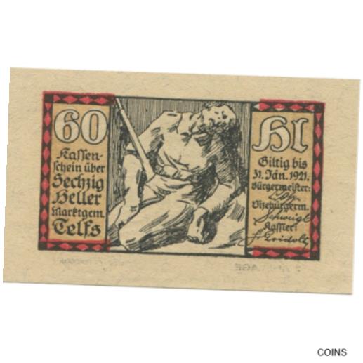 【極美品/品質保証書付】 アンティークコイン コイン 金貨 銀貨 [送料無料] [#285336] Banknote, Austria, Telfs, 60 Heller, village 1921-01-31, UNC Mehl:
