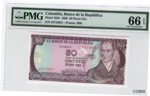  アンティークコイン コイン 金貨 銀貨  Columbia 1986 50 Pesos Oro Certified PMG Banknote UNC 66 EPQ Pick 425b