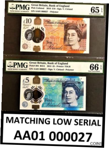  アンティークコイン 硬貨 England Matching ?5 & ?10 Polymer LOW Serial AA01 000027 GEM UNC PMG 65 - 66 EPQ  #oof-wr-013414-1984