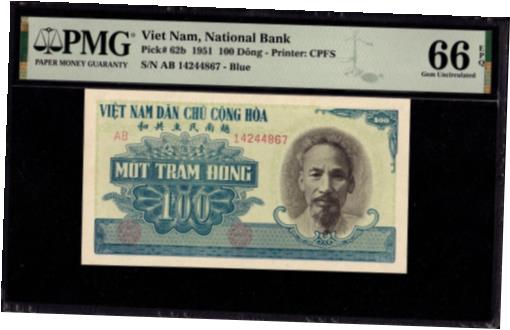  アンティークコイン コイン 金貨 銀貨  Vietnam banknote 100 dong Blue 1951 Gem Uncirculated PMG 66EPQ Pick 61b