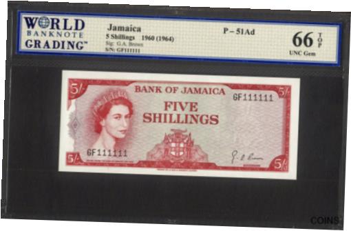 ڶ/ʼݾڽա ƥ Ų Jamaica 5 Shillings 1960 (1964) QEII SOLID # GF 111111 P-51Ad GEM UNC WBG 66 TOP [̵] #oof-wr-013414-3387