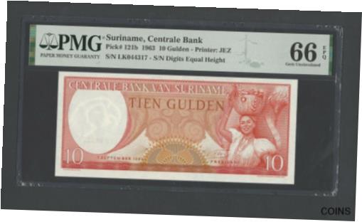 【極美品/品質保証書付】 アンティークコイン コイン 金貨 銀貨 送料無料 Suriname 10 Gulden 1-9-1963 P121b Uncirculated Graded 66