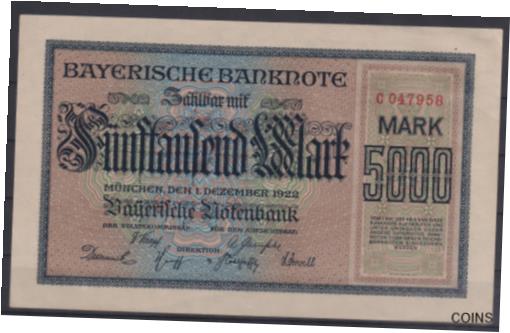 yɔi/iۏ؏tz AeB[NRC RC   [] GERMAN Deutschland STATES Bayerische VERY RARE 5000 Mark 1922 PS925 UNC