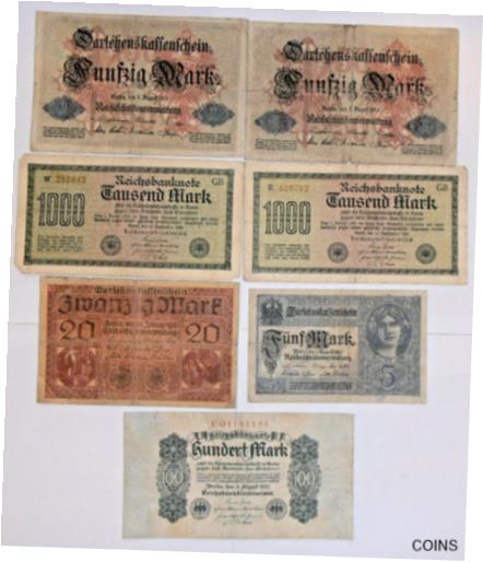 ڶ/ʼݾڽա ƥ    [̵] 1914-1922 Germany Lot of 7 Banknotes: 5-1,000 Mark - n850