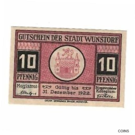  アンティークコイン コイン 金貨 銀貨   Banknote, Germany, Wunstorf Stadt, 10 Pfennig, Batiment, 1922, 1922-12