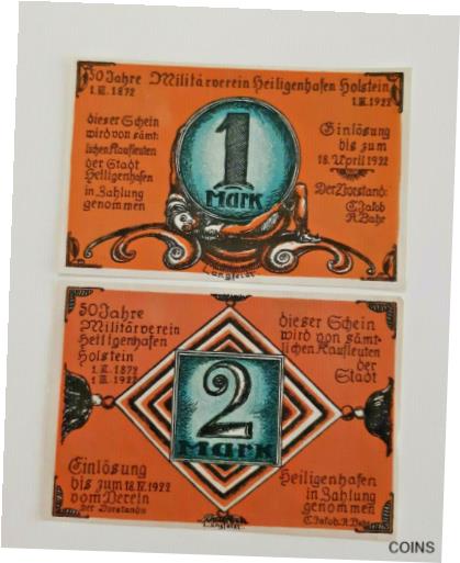 ڶ/ʼݾڽա ƥ    [̵] HEILIGENHAFEN NOTGELD 1, 2 MARK 1922 EMERGENCY MONEY GERMANY BANKNOTE(S) (10122)