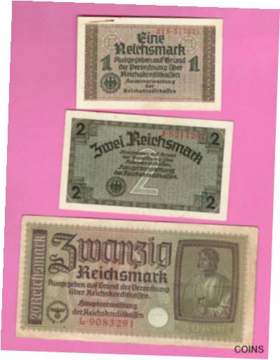 ڶ/ʼݾڽա ƥ    [̵] GERMANY LATVIA LOT OF 3 BANKNOTES 1, 2, 20 RM 1940-45 EAGLE W/H SWASTIKA 1912