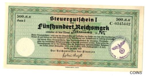 【極美品/品質保証書付】 アンティークコイン コイン 金貨 銀貨 送料無料 Germany 500 RM Steuergutschein I 1939 aUNC Tax Certificate New Finance Plan 2