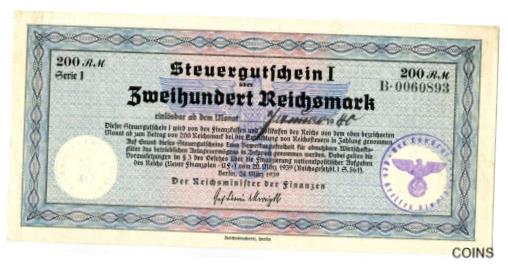 【極美品/品質保証書付】 アンティークコイン コイン 金貨 銀貨 送料無料 Germany 200 RM Steuergutschein I 1939 aUNC Tax Certificate New Finance Plan 2