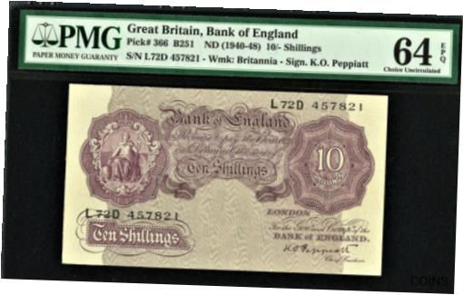 【極美品/品質保証書付】 アンティークコイン コイン 金貨 銀貨 [送料無料] Great Britain 10/- Shillings ND (1940-48) WWII Pick-366 Choice UNC PMG 64 EPQ