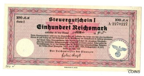 【極美品/品質保証書付】 アンティークコイン コイン 金貨 銀貨 送料無料 Germany 100 RM Steuergutschein I 1939 aUNC Tax Certificate New Finance Plan 2