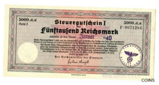 【極美品/品質保証書付】 アンティークコイン コイン 金貨 銀貨 送料無料 Germany 5000 RM Steuergutschein I 1939 aUNC Tax Certificate New Finance Plan 2