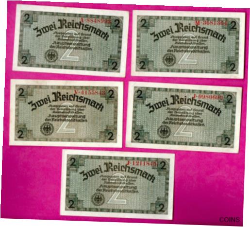 ڶ/ʼݾڽա ƥ    [̵] GERMANY LATVIA LOT OF 5 2 REICHSMARK 1940-45 EAGLE W/H SWASTIKA aUNC-UNC 441