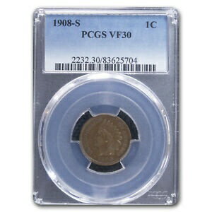 【極美品/品質保証書付】 アンティークコイン コイン 金貨 銀貨 送料無料 1908-S Indian Head Cent VF-30 PCGS - SKU 98786