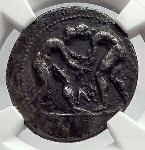 yɔi/iۏ؏tz AeB[NRC RC   [] Aspendos Pamphylia 370BC ATHLETES WRESTLE Slinger Silver Greek Coin NGC i60209