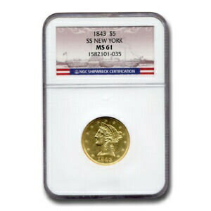 【極美品/品質保証書付】 アンティークコイン 金貨 1843 $5 Liberty Gold Half Eagle MS-61 NGC (SS New York) - SKU#215297 [送料無料] #got-wr-3296-3124