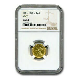 【極美品/品質保証書付】 アンティークコイン 金貨 1851/1851-O $2.50 Liberty Gold Quarter Eagle MS-60 NGC (VP-001) - SKU#200098 [送料無料] #got-wr-3296-3991