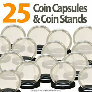 ڶ/ʼݾڽա ƥ    [̵] 25 Coin Capsules &25 Coin Stands for 1oz SILVER or COPPER ROUNDS Airtight 39mm